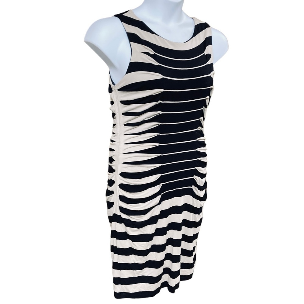 Betsey Johnson Black and Cream Striped Ruched Midi Dress Sz. 14 - Picture 4 of 6